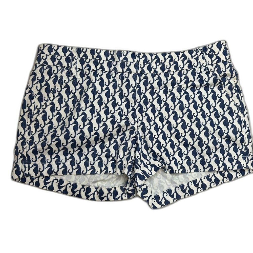J. Crew Size 4 Woman's Stretch Chino 5” Sea Horse Print Pocket Shorts Navy Blue